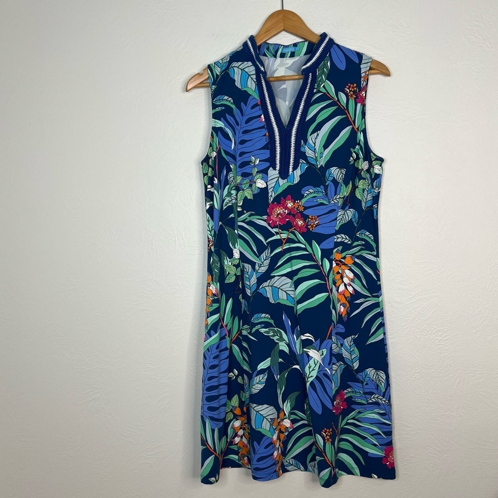 J. McLaughlin Tropical Print Sleeveless Dress Bold Floral Print V-Neckline Sz L